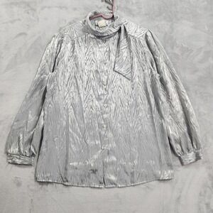 Vintage Teddi‎ Of California Top Womens L/XL Silver Metallic High Neck Button Up
